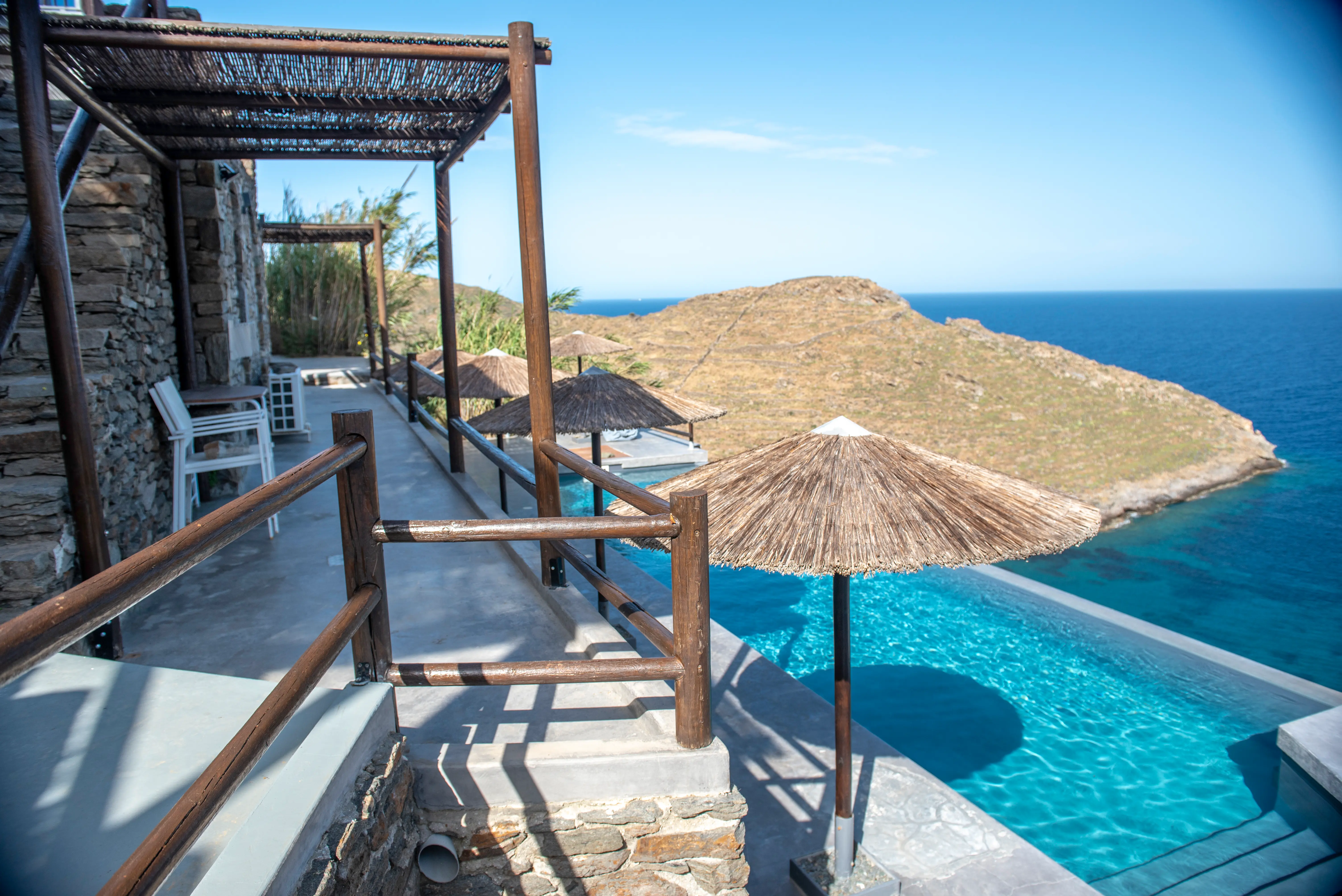 View from the Studio patio over the pool and bay, Kythnos
